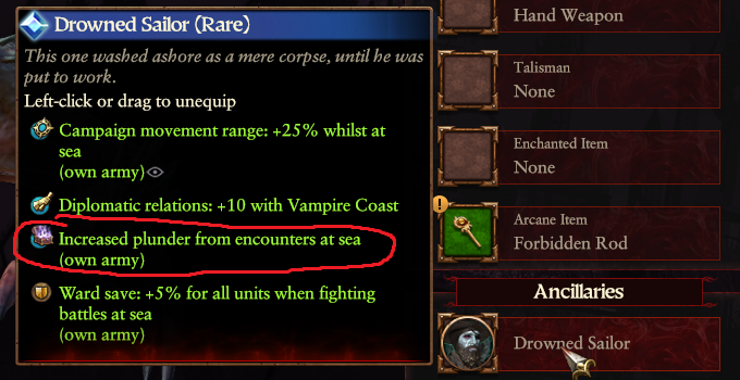 Drowned Sailor ancillary with Increased plunder from encounters at sea circled.