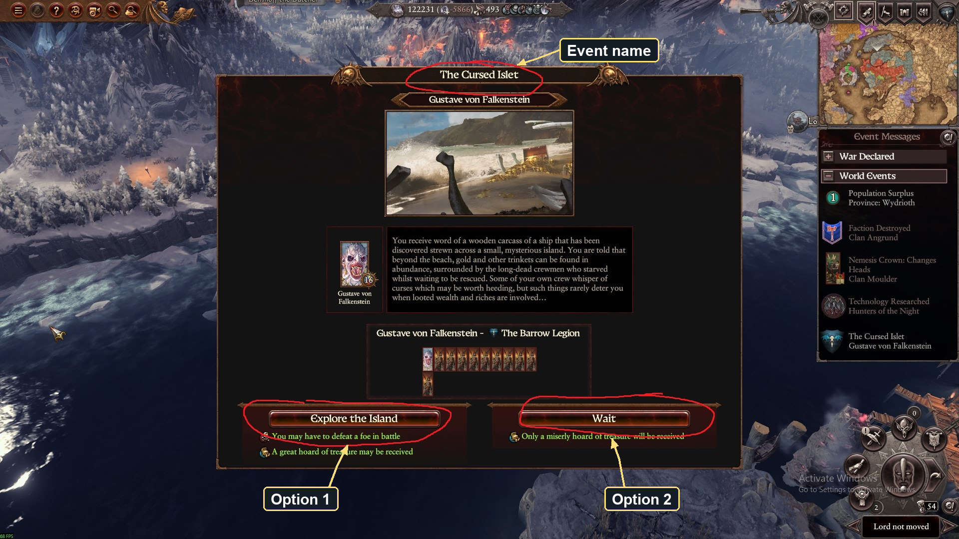 Encounter screenshot identifying The Cursed Islet as the event name, Explore the Island as Option 1, and Wait as Option 2.