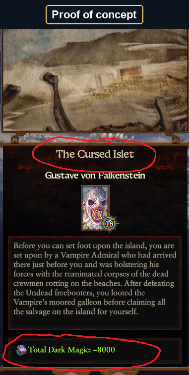 In-game proof of concept showing The Cursed Islet and Total Dark Magic: +8000.